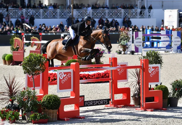 Un cavalier franchit un obstacle sur la piste du concours